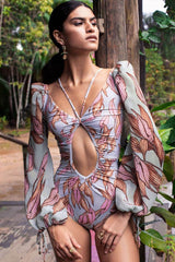 Puff Sleeve Tropical Print Cutout V Neck One Piece Swimsuit