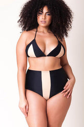 Plus Size Contrast High Waisted Slide Triangle Bikini - Two Piece Set