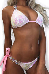 Rhinestone Sequin Slide Triangle Bikini - Two Piece Set