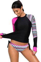 Ethnic Color Block Long Sleeve Rash Guard Tankini Swimsuit - Two Piece Set