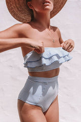 High Waisted Striped Ruffle Bandeau Bikini - Two Piece Set