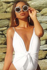 White Triangle Plunging Knotted Front Tied Backless High Cut One Piece Swimsuit