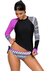 Ethnic Color Block Long Sleeve Rash Guard Tankini Swimsuit - Two Piece Set