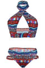 Tribal Geometric Print Cut Out Halter Bikini - Two Piece Set
