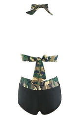 Black Camo Print Halter High Waisted Boyshort Two Piece Swimsuit