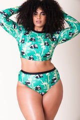 Plus Size Panda High Waist Sleeved Crop Bikini - Two Piece Set