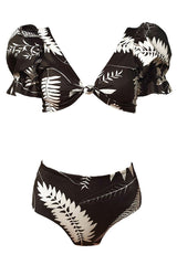 Puff Sleeve Tropical Print V Neck Bikini - Two Piece Set