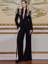 Beaded Diamonds Stand Collar Single Button Blazer Wide-leg Pants Designer Suit
