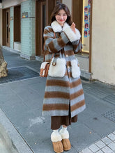Casual Blocked Lamb With Pockets Wool Patchwork Retro Striped Woolen Coat