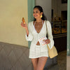 Casual Hollow Out V-Neck Cardigan Coat And High Waist Mini Skirt Knit 2 Piece-Set