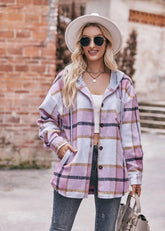 Casual Hooded Plaid Single-breasted Mid Length Shirt Coats