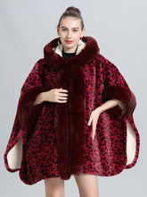 Casual Faux Fur Leopard Print Hooded Outerwear Poncho Cape