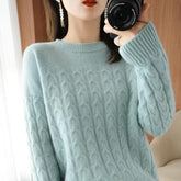 Casual Pure Wool O-Neck Pullover Twist Knitted Long-Sleeved Cashmere Sweater