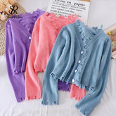 Casual Solid Knitting Cardigan V Neck Loose Buttons Style
