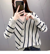 Casual Striped V-Neck Losse Knitted Pullovers Button Fashion Elegant Sweaters