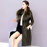 Casual Turn-down Collar Faux Fur Leather Adjustable Waist Long Loose Coats