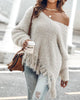 Casual V-Neck Long Sleeve Fringe Pullover Tassel Sweater