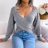 Casual V-neck Fired Dough Twist Long Sleeve Open Umbilical Sweater