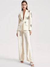 Diamonds Beaded Single Button Blazer Wide Leg Pants 2 Pieces Pantsuits