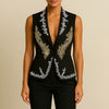 Elegant Diamonds V Neck Sleeveless Tunic Temperament Slimm Vests Jackets