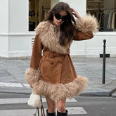 Elegant Fur Collar Coats With Belt Fully Cotton Lined High Street Outerwear Suede Jackets