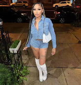 Elegant Lapel Long Sleeve Single Breasted Jackets and Shorts Stretch Denim 2 Piece Set