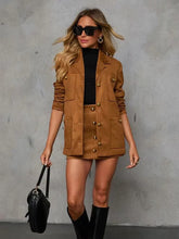 Elegant Lapel Long Sleeve With Pocket Suede Jacket Mini Skirt Suit Sets