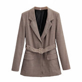 Elegant Plaid Suit Blazer With Belt