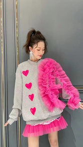 Fashion Sweet Heart Patchwork Mesh Ruffles Sweatshirt Hoodies Pullover