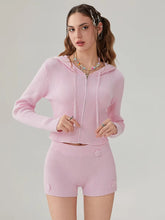 Elegant Solid Long Sleeve Hooded Zipped Sweater with Flower Shorts