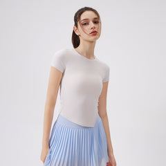 Cool, Breathable, Antibacterial, Asymmetrical waist, Sports running training, Short sleeves