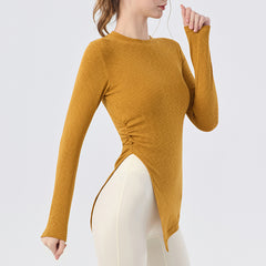 Slim waist and hip slit casual fitness long-sleeved top