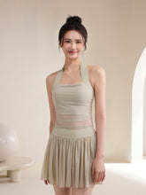 Integrated mesh paneled halterneck sports bra