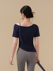 Asymmetrical Collar Side Ruched Slimming Athletic T-shirt