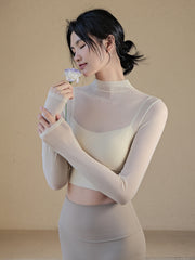 Sexy mesh sports long sleeves with chest pads