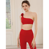 Diagonal one-shoulder flower beautiful back shockproof bra leggings set