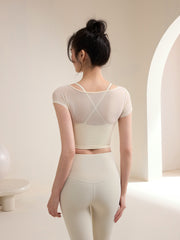 Fake two slanted shoulder cut-out sports t-shirts