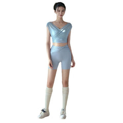 Fake two pieces of pure lust sexy mesh breathable sports short sleeves
