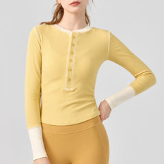 Retro crew neck contrast design slim yoga fitness long-sleeved top