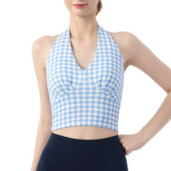 V-neck check print halterneck beauty back running fitness sports bra