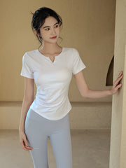 Solid color yoga short sleeve t-shirt with chest pads