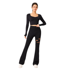 Hollow breathable high-waisted hip lift slimming yoga sports bell-bottoms