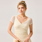Mesh cross-pleats V-neck cut-out yoga short sleeves