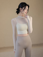 Sexy mesh sports long sleeves with chest pads