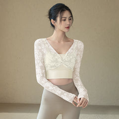 With chest pad lace fake two pieces slimming long sleeves