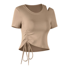Fixed-cup one-shoulder openwork pleated drawstring top