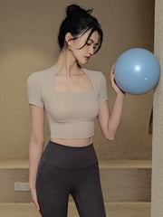 Fake two pieces yoga short sleeve t-shirt with chest pads