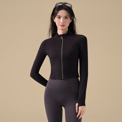Stand up collar zipper waist sports running training fitness long sleeves
