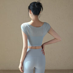 Fake two pieces of pure lust sexy mesh breathable sports short sleeves