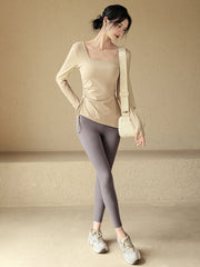 Drawstring yoga long sleeves with chest pads